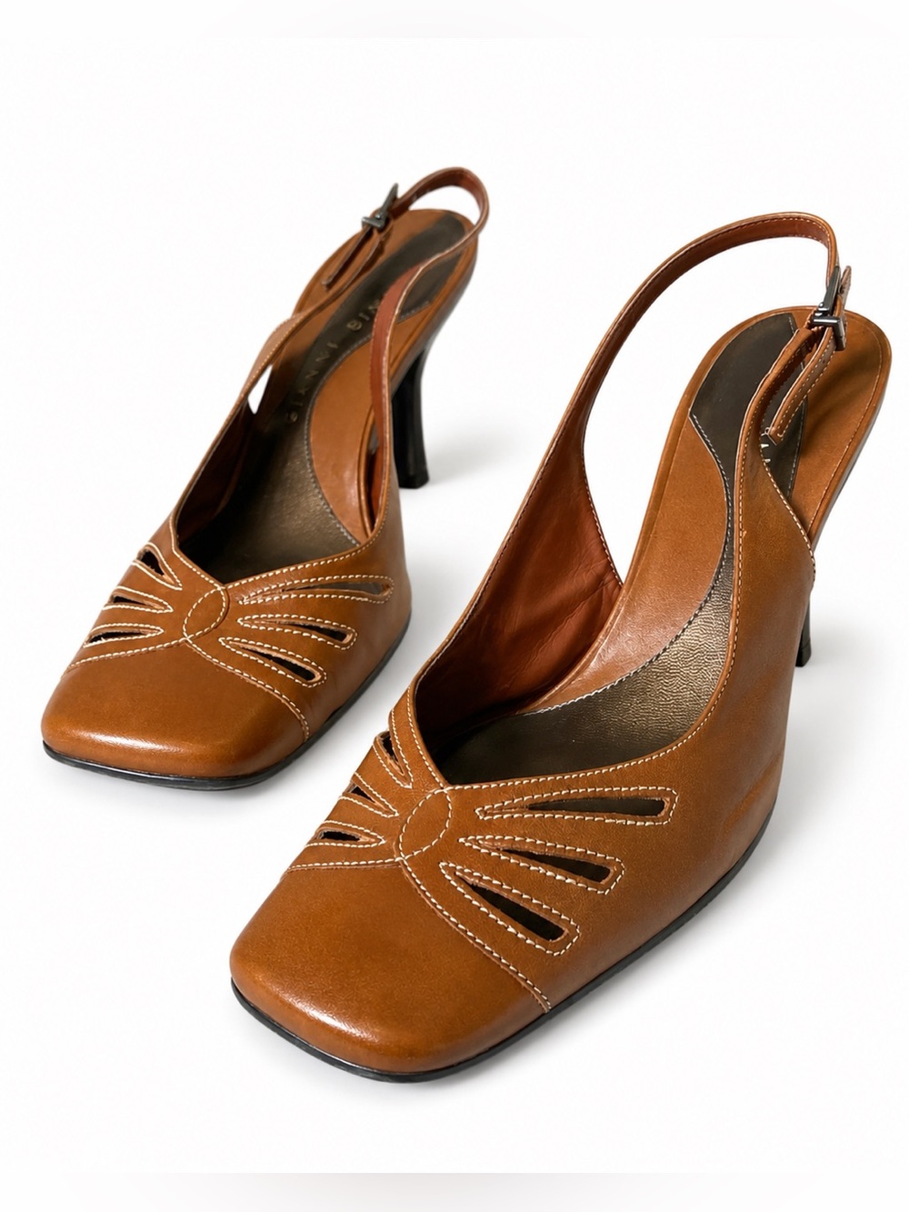 Vintage Gianni Bini Y2K Brown Leather Slingback Pumps Cutout Square Toe 7.5